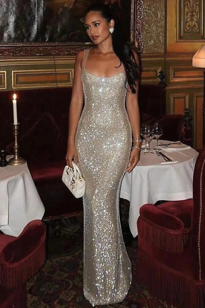 Glorol - Sleeveless Sparkle Backless High Waist Bodycon Maxi Dress