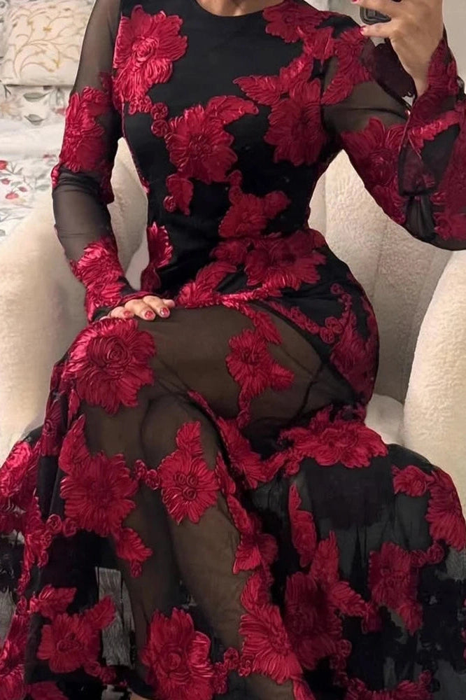 Glorol - Lace Embroidery Floral Fit See-Through Backless High Waist Maxi Dress