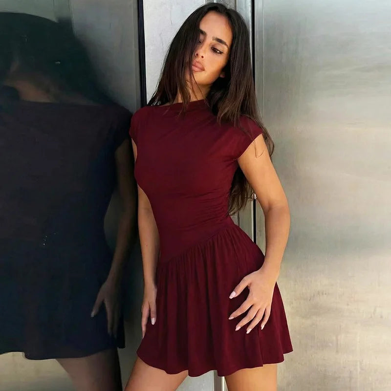Glorol - Lace Up Patchwork Elegant Round Neck Mini Dress