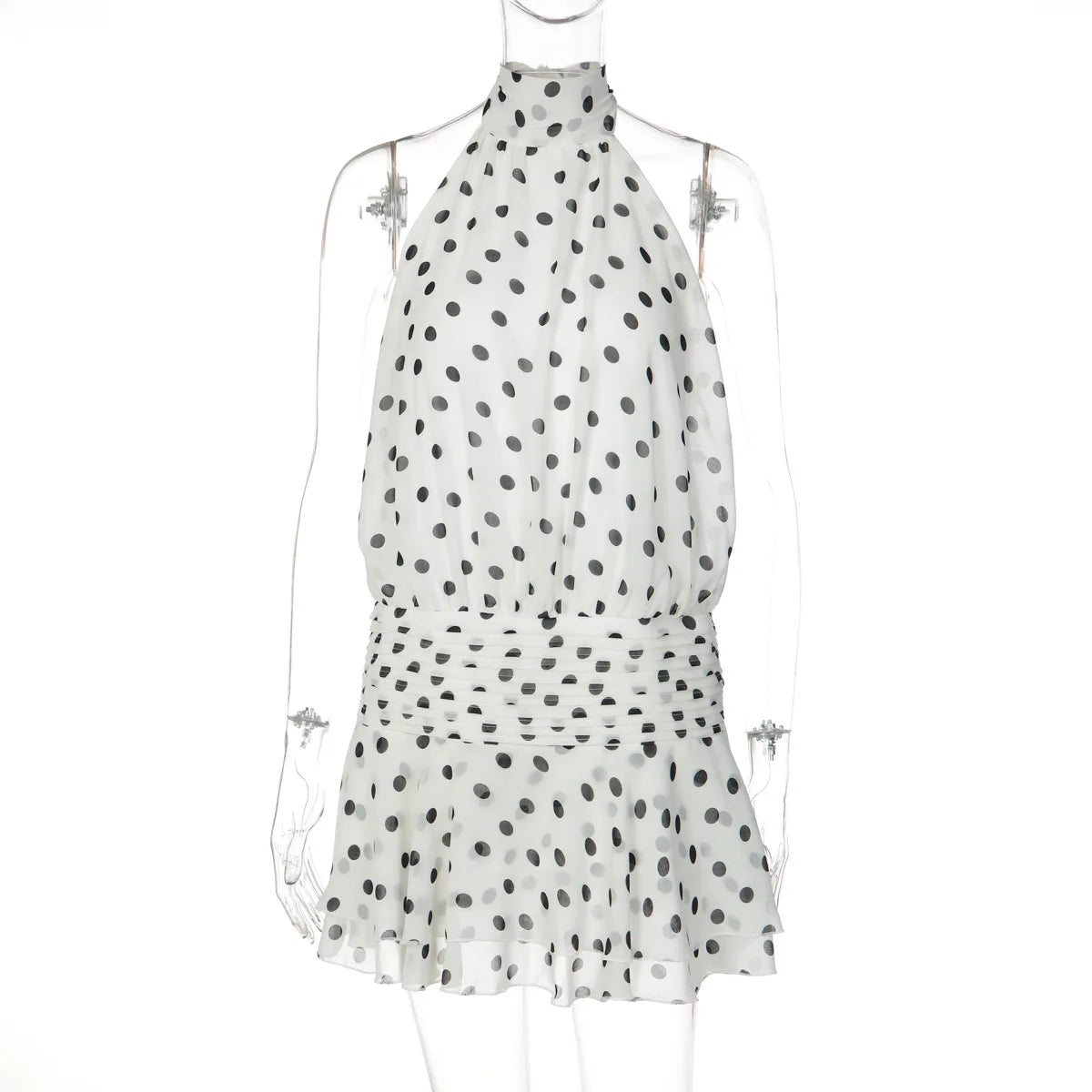 Glorol - Polka Dot Print Backless Lace Up Mini Dress
