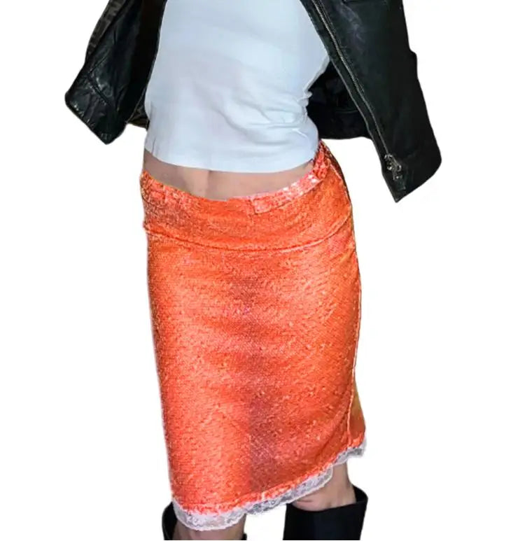 Glorol - Low Waist Sequins Lace Skirt