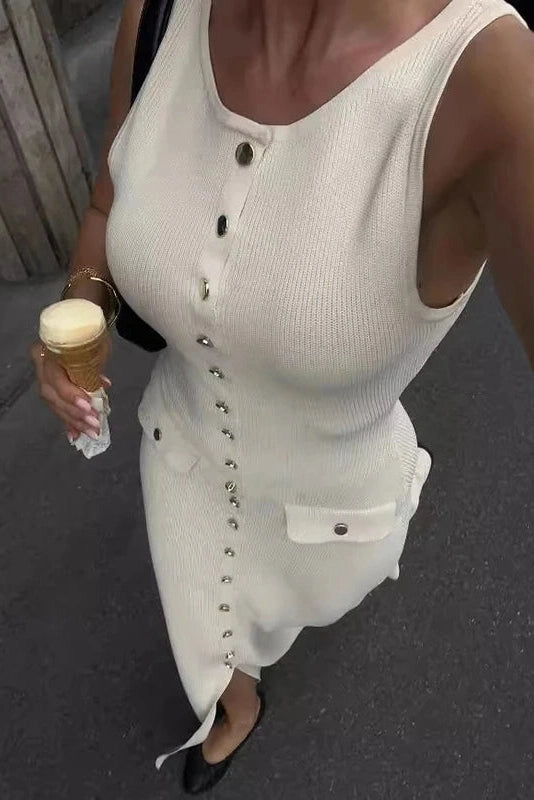 Glorol - Elegant Sleeveless Single-Breasted Bodycon Knitted Midi Dress