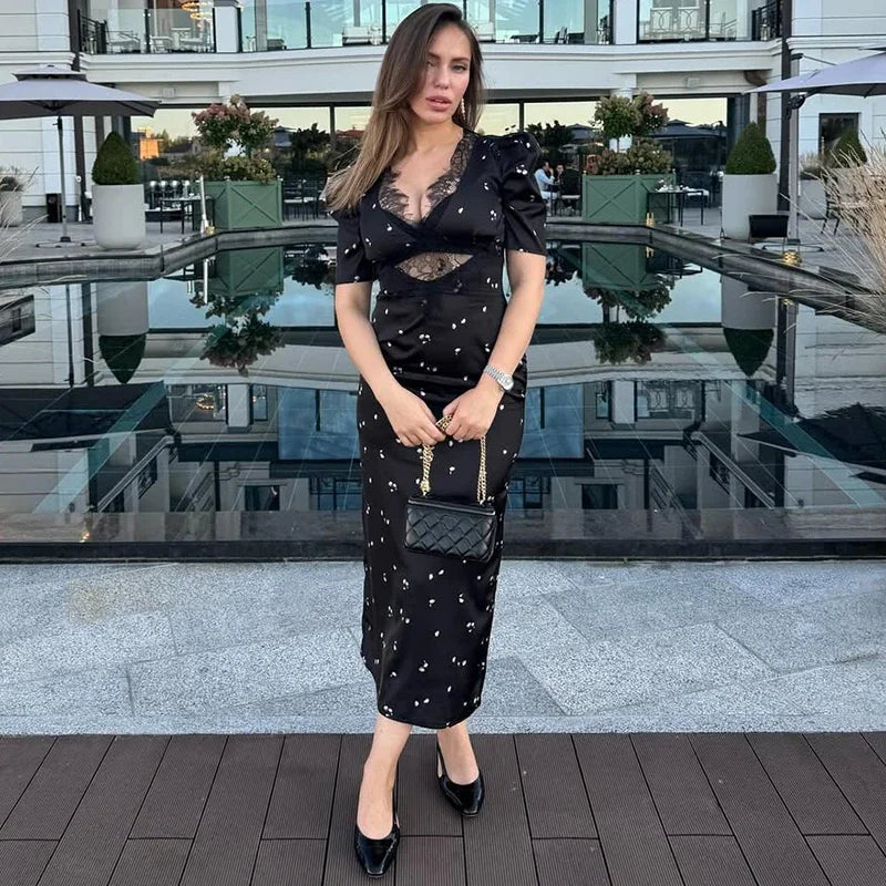 Glorol - Hollow Lace Short Sleeve Slim Printed Maxi Dress