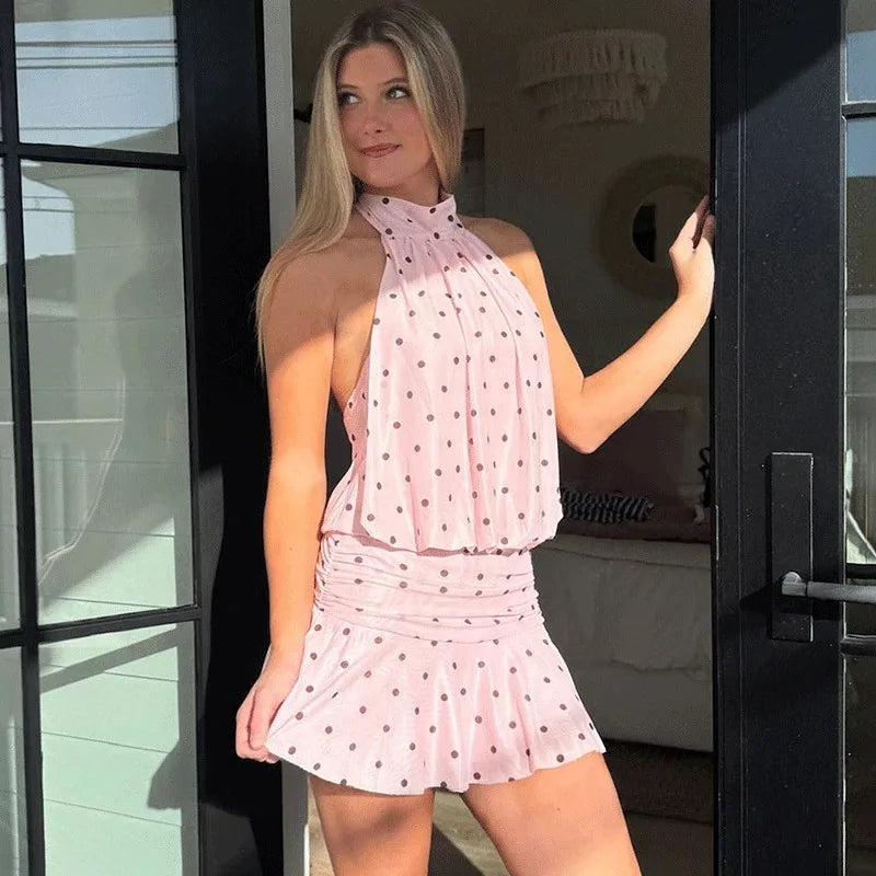 Glorol - Polka Dot Lace-Up Patchwork Mini Dress