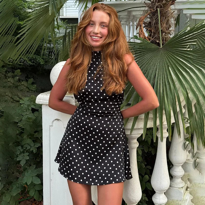 Glorol - Polka Dot Sleeveless Backless Slim Mini Dress
