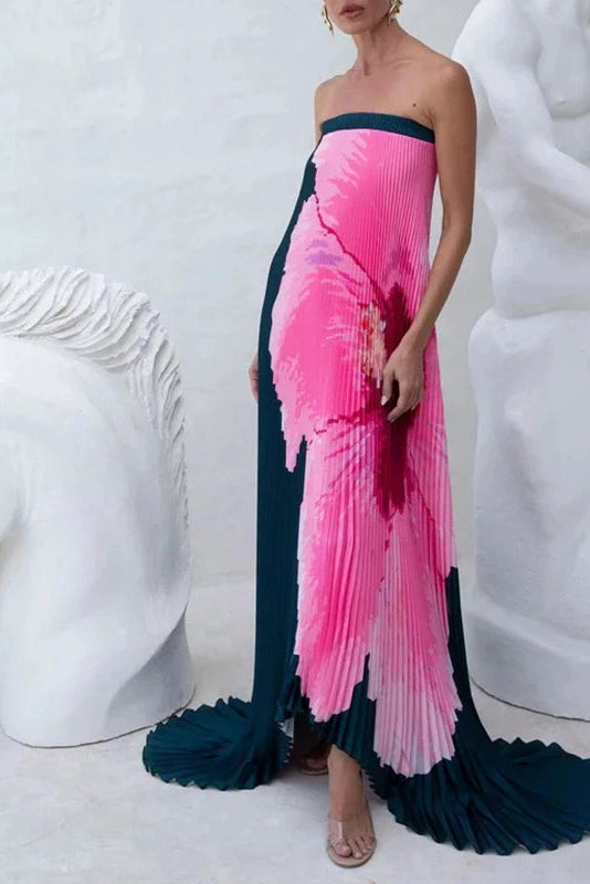 Glorol - Elegant Strapless Off Shoulder Printed Maxi Dress