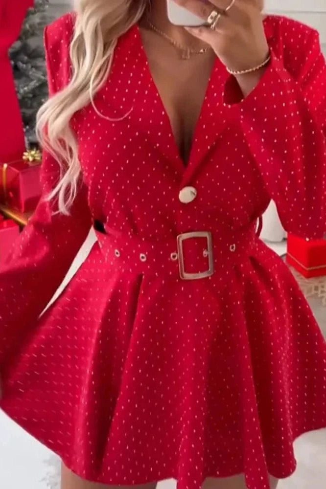 Glorol - Elegant Long Sleeve Pleated High Waist Slim Printed Mini Dress