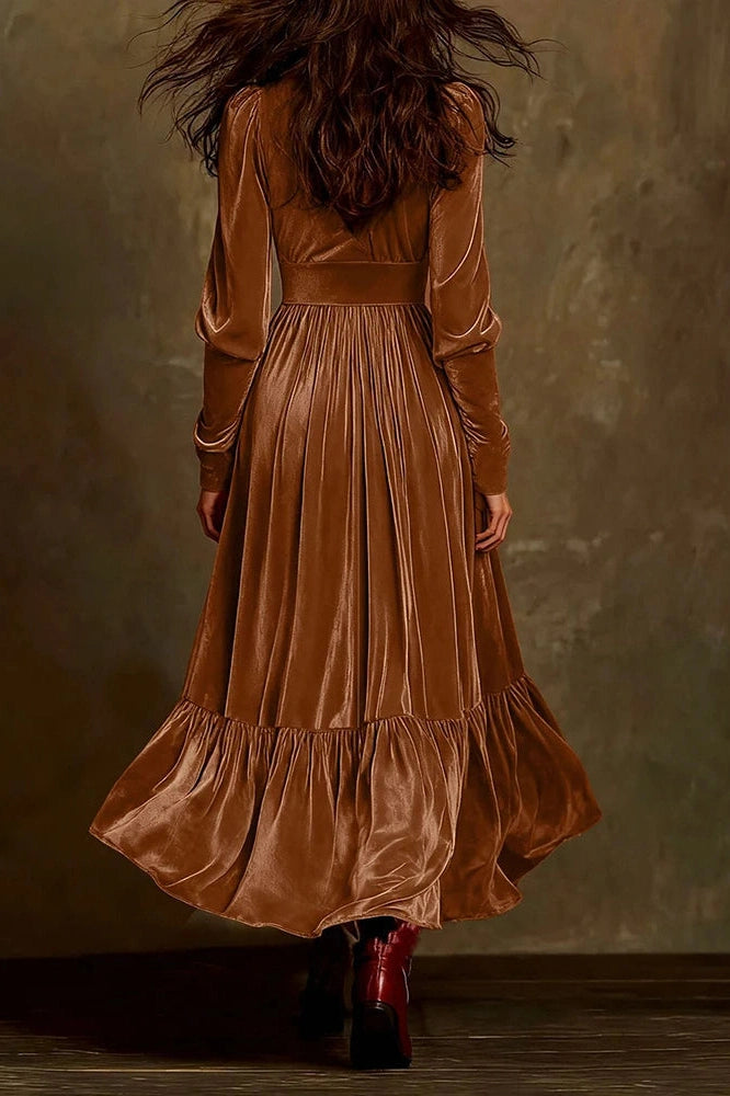Glorol - Elegant V-Neck Long Sleeve Pleat Maxi Dress