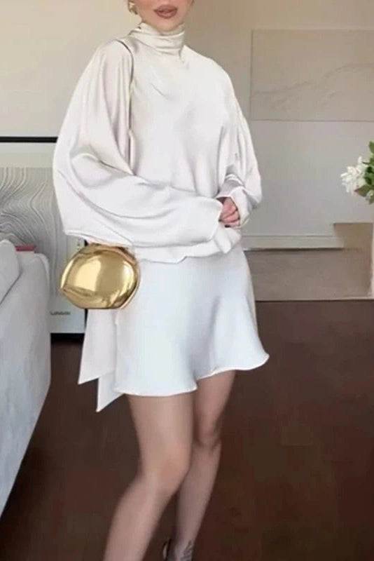Glorol - High Waist Pleated Turtleneck Loose Mini Dress