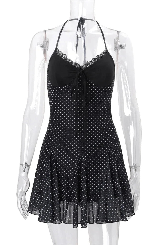 Glorol - Lace See-Through High Waist Slim V-Neck Mini Dress