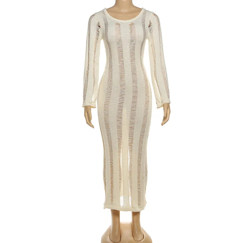 Glorol - Hollow Out See Through Backless Round Neck Maxi Dress