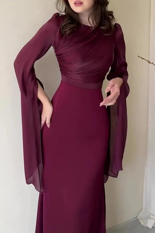 Glorol - Elegant Flare Sleeve Bodycon Slim O Neck Maxi Dress