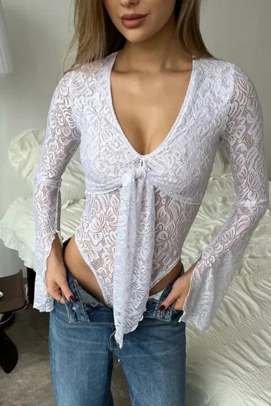 Glorol - Lace Sheer V-Neck Twist Splicing Jumpsuit