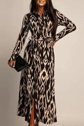 Glorol - Printed High Waist Long Sleeve Pleat Midi Dress