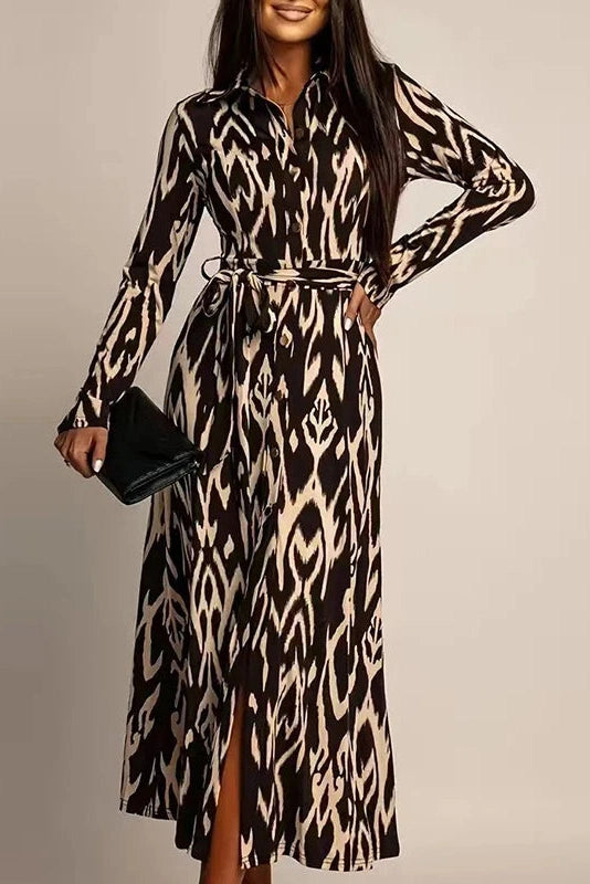 Glorol - Printed High Waist Long Sleeve Pleat Midi Dress