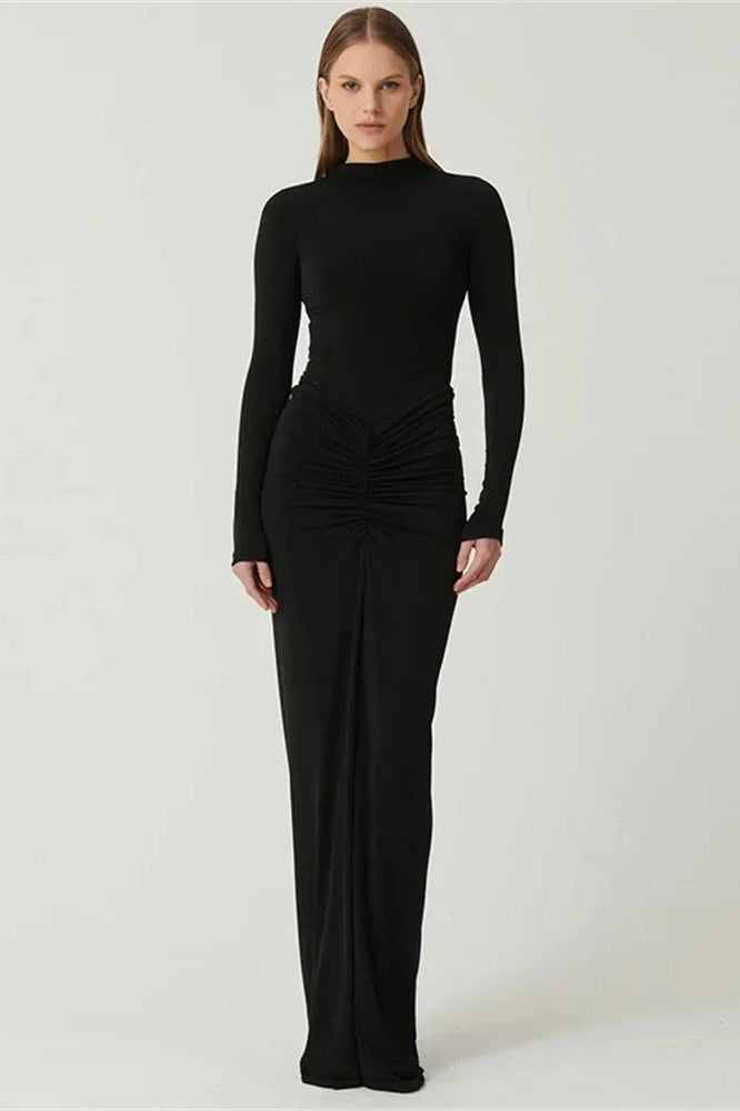 Glorol - Pleated Patchwork High Waist Long Sleeve Slim Maxi Dress