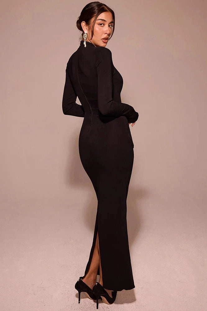 Glorol - Long Sleeve O-Neck Split Bodycon Maxi Dress