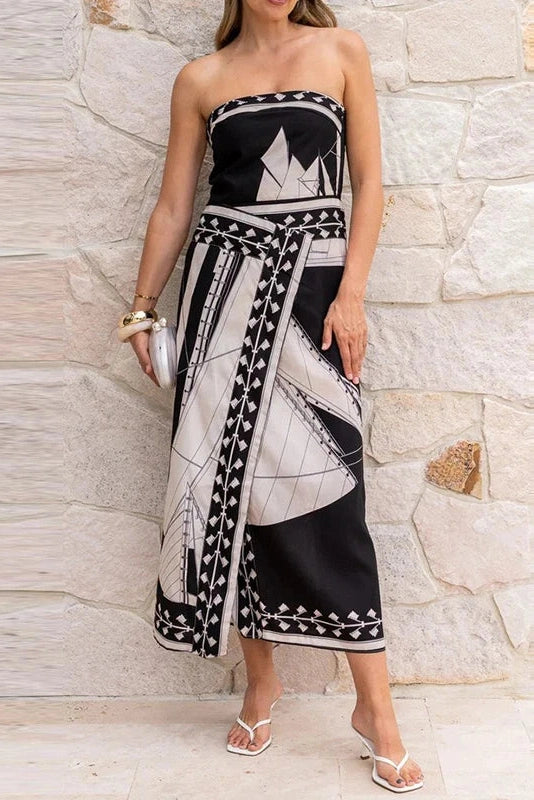 Glorol - Sleeveless Printed Off-Shoulder Irregular Midi Dress