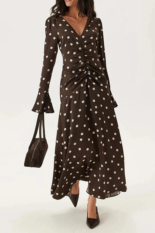 Glorol - Long Sleeve V-Neck Printed Pleated Maxi Dress