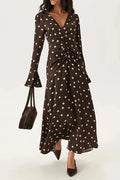 Glorol - Long Sleeve V-Neck Printed Pleated Maxi Dress