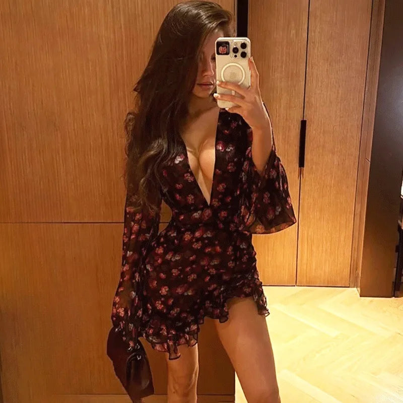 Glorol - Deep V-Neck See Through Patchwork Mini Dress
