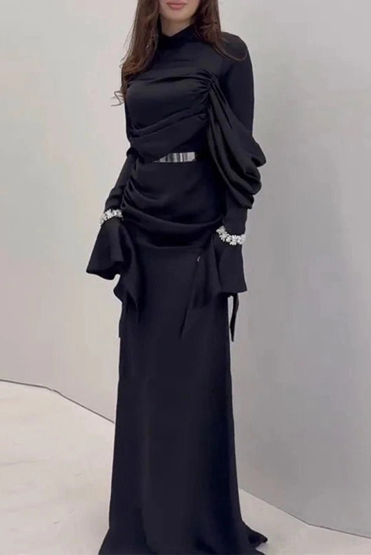 Glorol - Pleated Slim Long Sleeve High Waist Irregular Maxi Dress