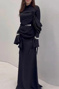 Glorol - Pleated Slim Long Sleeve High Waist Irregular Maxi Dress