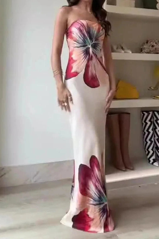 Glorol - Printed Off Shoulder Slim Backless Strapless Maxi Dress