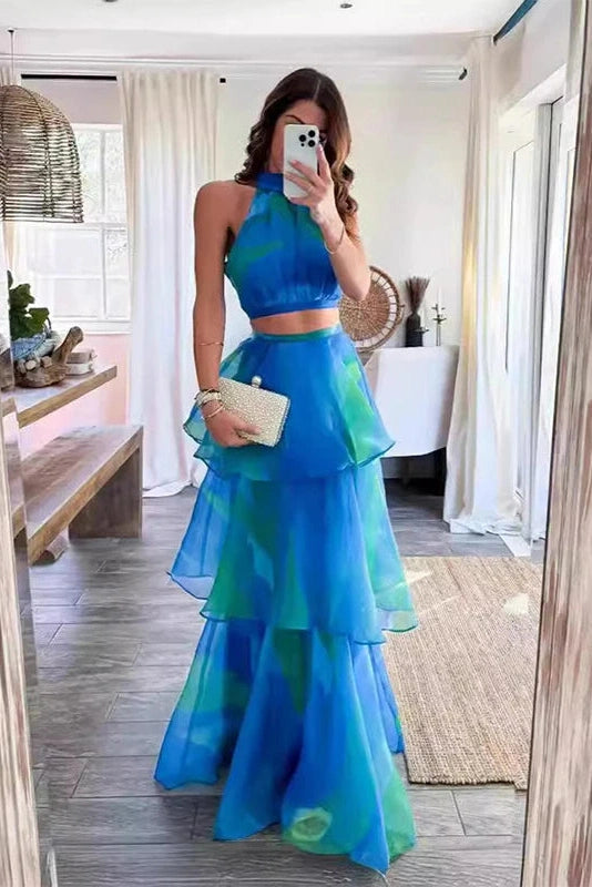 Glorol - Elegant Slim Printed Sleeveless High Waist Maxi Dress