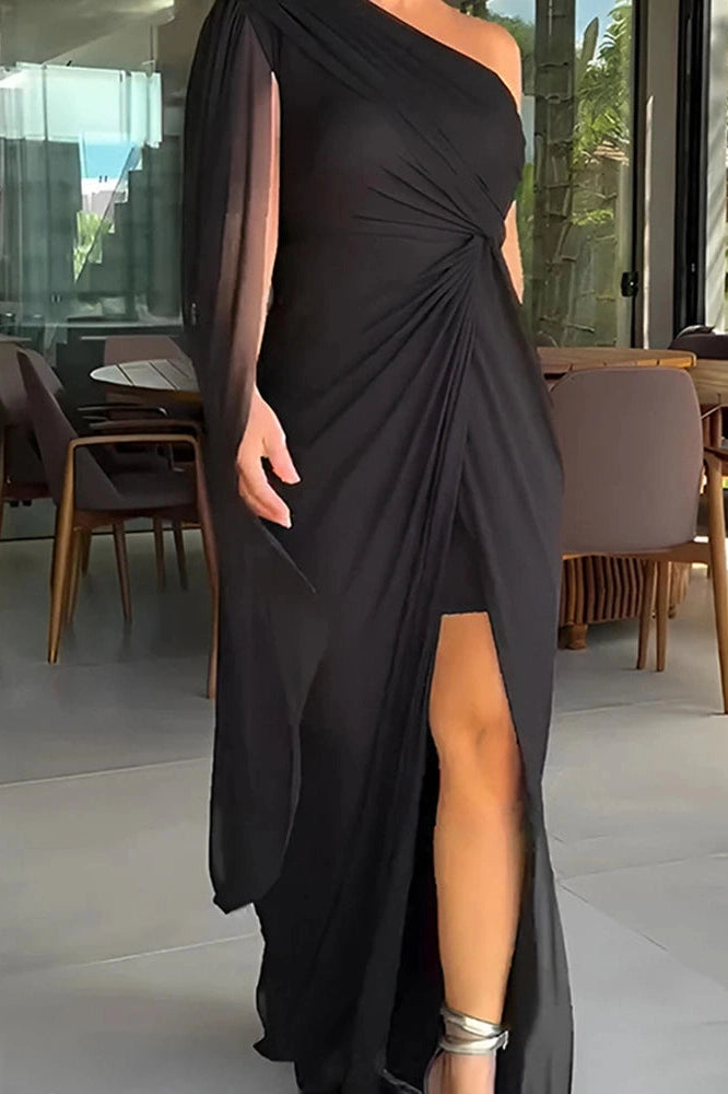 Glorol - Elegant Slash Collar High Split Maxi Dress