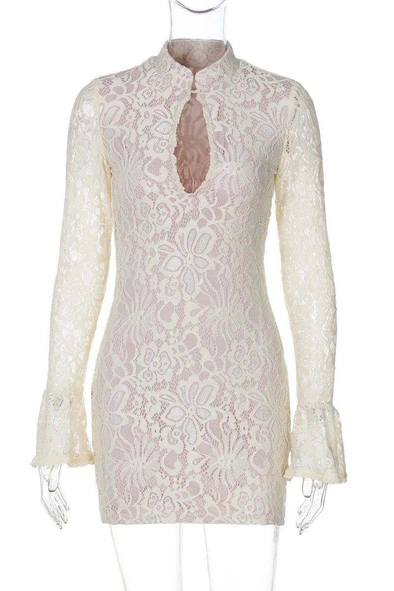 Glorol - Lace Hollow Out High Waist Long Sleeve Mini Dress