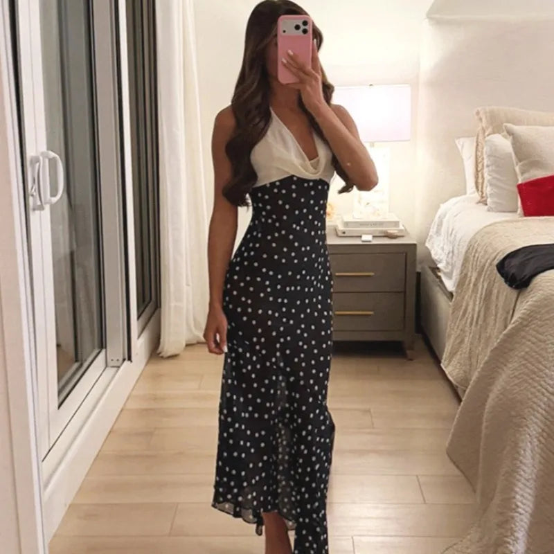 Glorol - Polka Dot V-Neck Lace-Up Maxi Dress