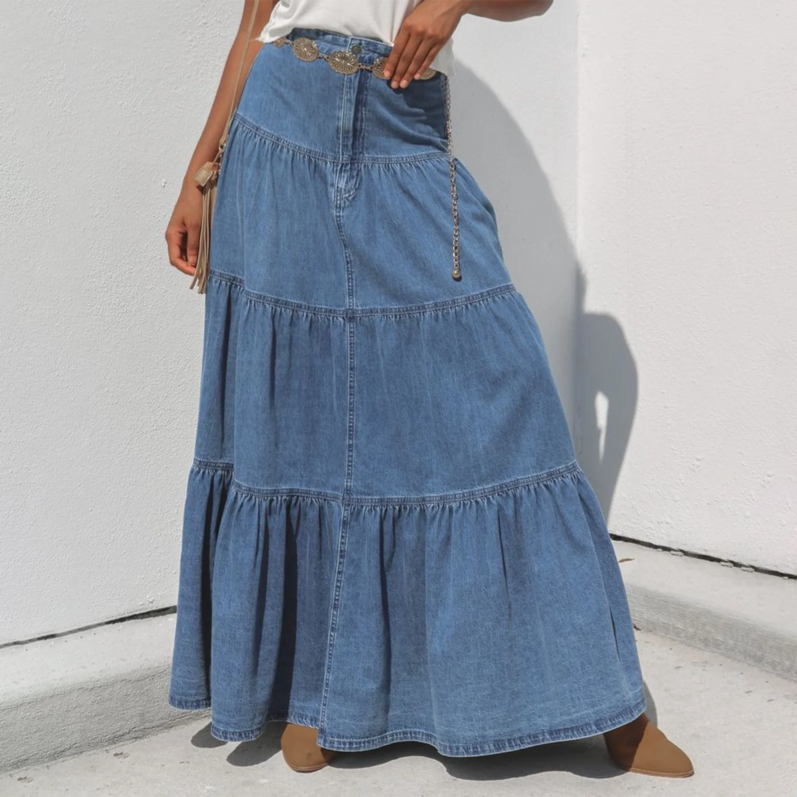 Glorol - High Waist A-Line Denim Skirt