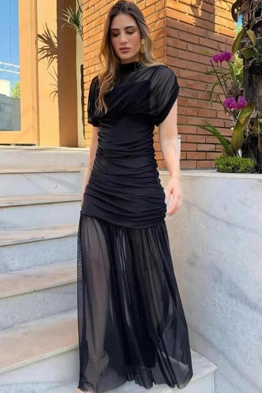 Glorol - Elegant Pleated Slim Sleeveless Turtleneck Maxi Dress