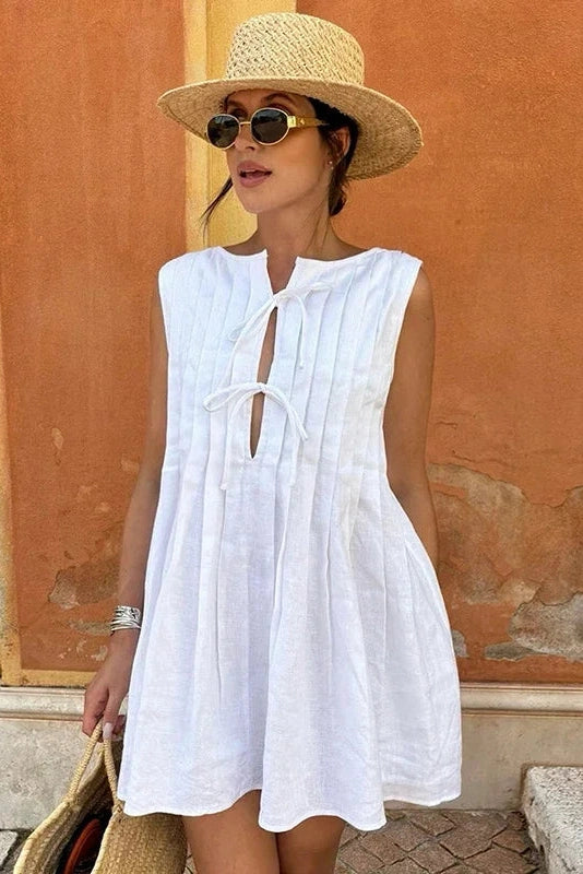 Glorol - Elegant Loose Pleated Lace-Up Mini Dress