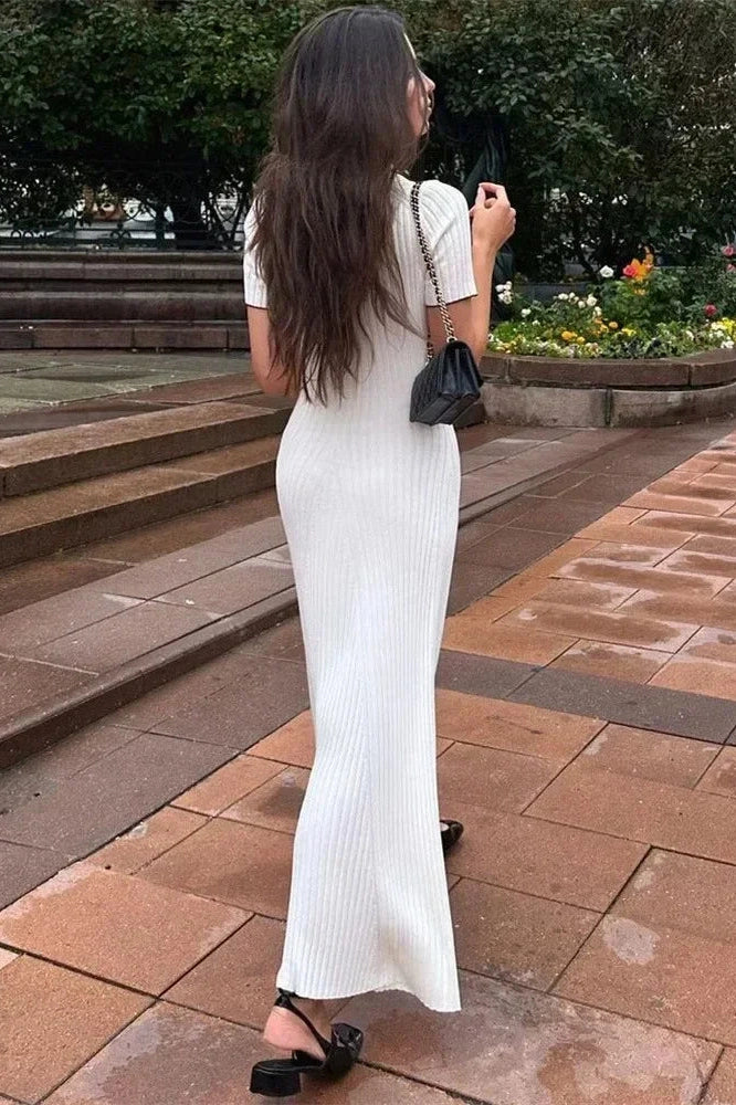Glorol - Short Sleeve Patchwork High Waist Midi Dress
