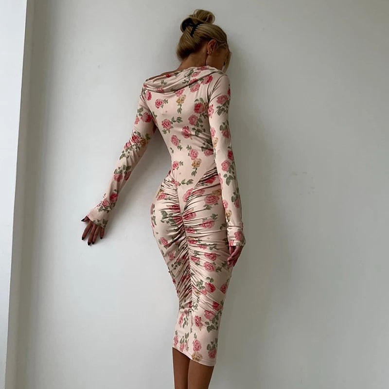 Glorol - Printed Pleated Long Sleeve Bodycon Midi Dress