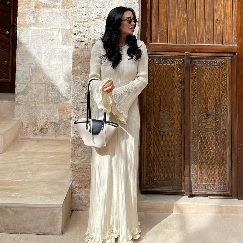 Glorol - Knit Lace-Up Long Sleeve Loose Pleated Maxi Dress
