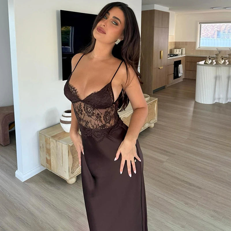 Glorol - Lace Spaghetti Strap V Neck  Backless Maxi Dress