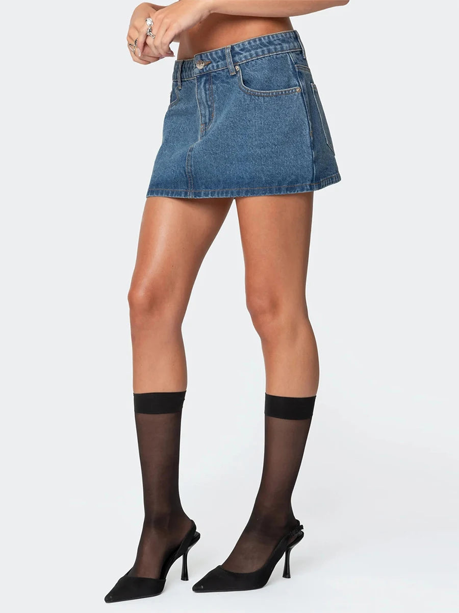 Glorol - Elegant Low Rise Denim Skirt
