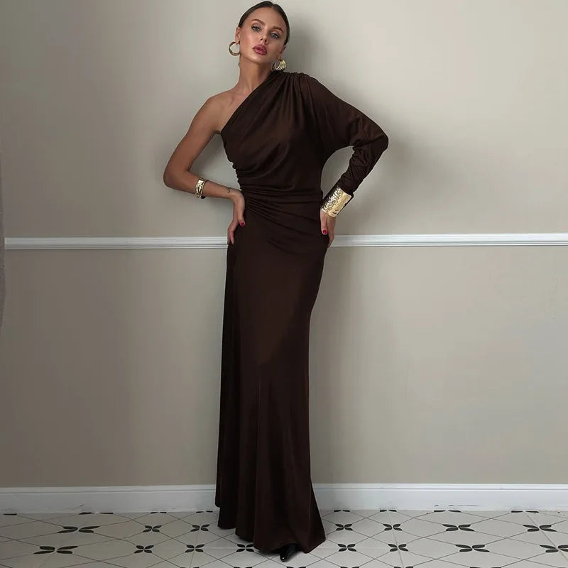 Glorol - Diagonal Collar One-Shoulder Long Sleeve Maxi Dress