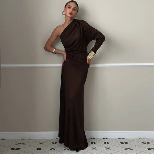 Glorol - Diagonal Collar One-Shoulder Long Sleeve Maxi Dress