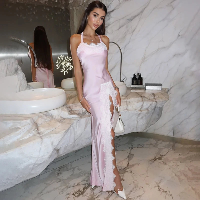 Glorol - Backless Spaghetti Strap Lace Up Slim Maxi Dress