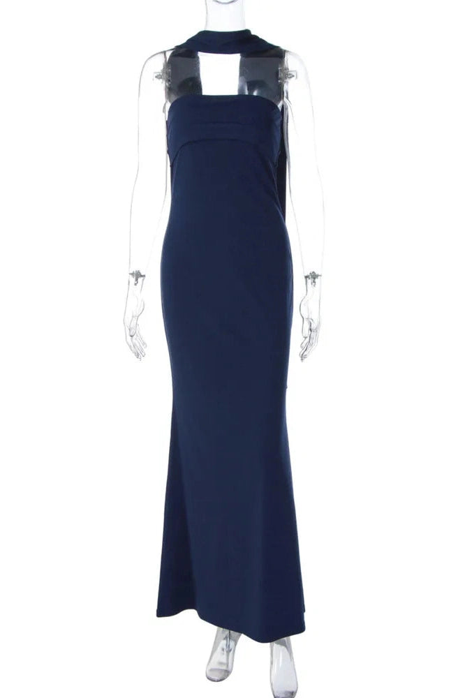 Glorol - Off-Shoulder Strapless Scarf Collar Sleeveless Backless Bodycon Maxi Dress