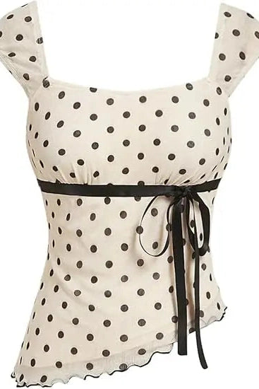 Glorol - Dot Print Slim Fit Square Neck Top