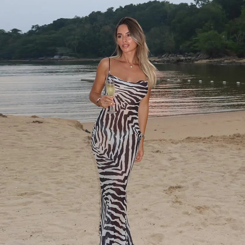 Glorol - Printed  Spaghetti Strap Lace Up Maxi Dress