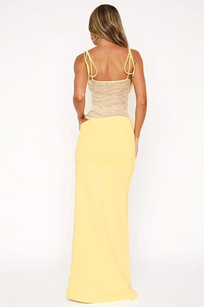 Glorol - Hollow Out Lace Spaghetti Strap Lace Up Waist Slim Sleeveless Maxi Dress