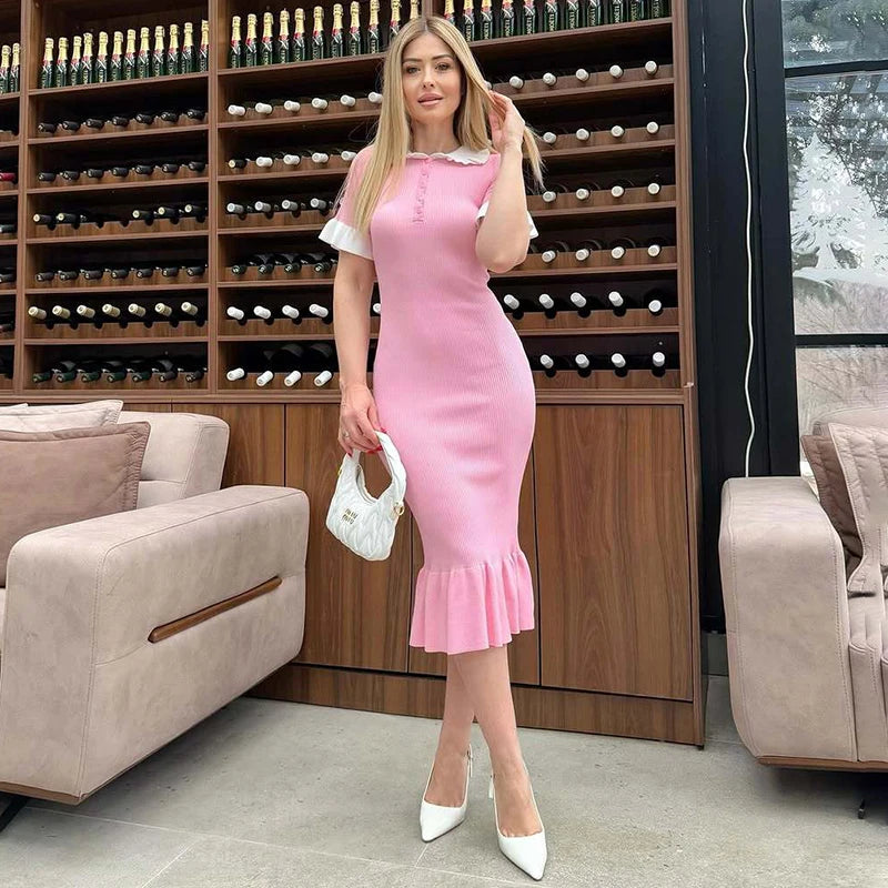Glorol - Knitted Short Sleeve Slim Midi Dress
