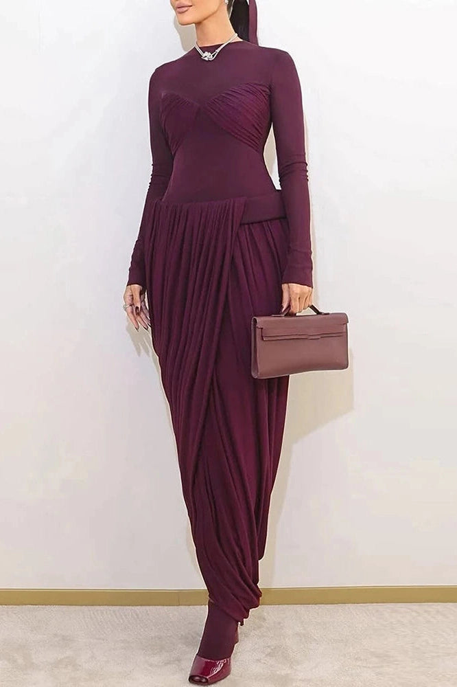 Glorol - Elegant High Waist O-Neck Pleated Irregular Maxi Dress