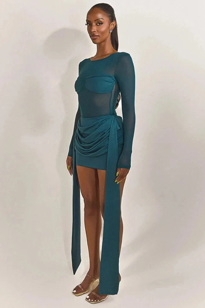 Glorol - Patchwork See Through Long Sleeve Mini Dress